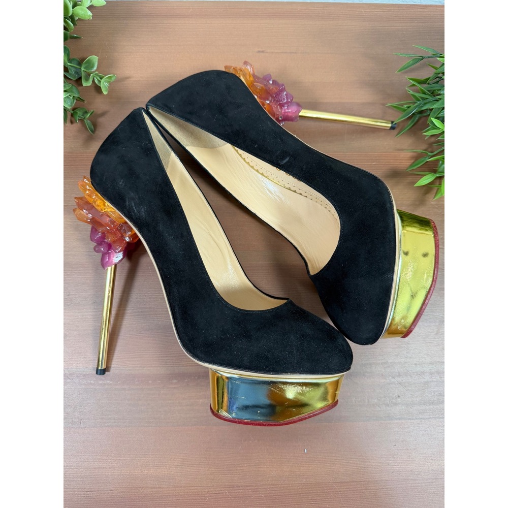 Charlotte Olympia Dolly Black Suede Crystal Stiletto Platform Pumps Size 38.5